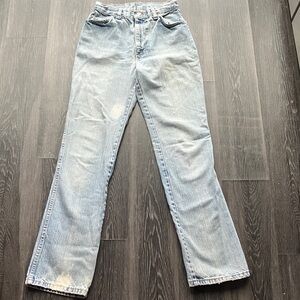 Vintage 80s 90s Chic Light Wash Straight Leg Stiff Structured Distressed Jeans